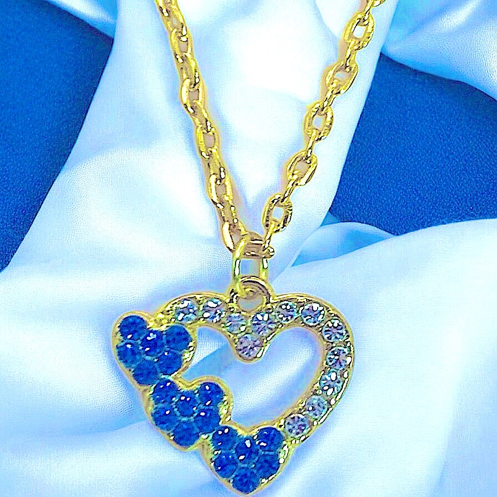 Heart Blue & Clear Crystal Gold Plated Necklace Hearts, Love, & Valentine - Picture 2 of 6
